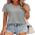 Casual grey V-neck short-sleeve T-shirt for women, stylish basic summer fashion top - M / Tops / Light Gray