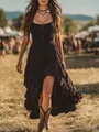 Detail view of vintage black smocked high-low dress with layered ruffles - S / Tops / Black