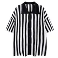 Stylish men's loose fit short sleeve vertical striped knit shirt in black and white - S / Tops / Black