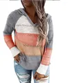 Suéter de punto casual para mujer con cuello en V, capucha, bloques de color y calados - S / Tops / Naranja