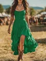 Elegant green smocked strapless high-low dress with tiered ruffle hem in a boho style - S / Tops / Green