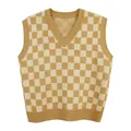 Detail of tan and white checkerboard knitted V-neck sweater vest with ribbed texture - Checkerboard Khaki