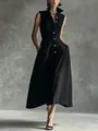Elegant black sleeveless maxi dress featuring a chic stand collar and front button details - XS / Black