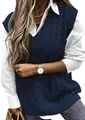 Elegante gilet in maglia a trecce blu navy da donna con scollo a V e vestibilità ampia. - Taglia S / Top / Blu scuro