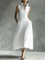 Full-length view of an elegant white sleeveless button-up midi dress with stand-up collar. - XS / White