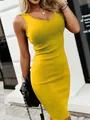Elegant yellow sleeveless ribbed bodycon midi dress for women's summer style outfit - Lemon Yellow