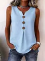 Detailed view of light blue V-neck cotton linen tank top with decorative buttons - Light Blue