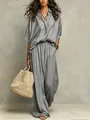 Damen Freizeit-Set aus grauem Baumwollleinen mit lockerem Hemd und weiter Hose - Grau