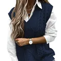 Elegante gilet in maglia intrecciata blu scuro da donna con scollo a V, stile ampio - Taglia S / Top / Nero