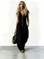 Schicker schwarzer ärmelloser Overall mit V-Ausschnitt, Reißverschluss und weitem Bein - S / Jumpsuits / Schwarz