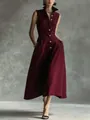 Elegant burgundy sleeveless midi dress with high collar and buttons, fashion detail view. - XS / Burgundy