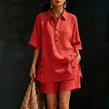 Chic terracotta women's two-piece linen set featuring side buttons and straw bag - S / Top And Bottom / Red