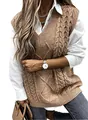 Elegante gilet in maglia a trecce kaki con scollo a V e design senza maniche largo - Taglia S / Top / Cachi