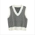 Classic black and white houndstooth knitted sweater vest with a V-neck and ribbed trim - S / Tops / Black and White