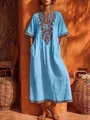 Bohemian light blue maxi dress with retro floral print embroidery and elegant V-neck design - S / Tops / Sky Blue
