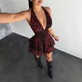 Sultry red and black leopard print halter mini dress featuring a backless lace-up design - S / Dresses / Dark Red