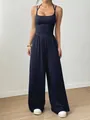 Elegant navy blue sleeveless jumpsuit with ruched waist and flowing wide legs - XS / Top And Bottom (X8) / Dark Blue