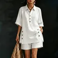 Women's white short-sleeve shirt and shorts two-piece linen set, casual summer fashion - S / Top And Bottom / White