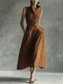 Close-up detail view of a brown sleeveless button-down midi dress featuring a chic stand-up collar - XS / Dark Brown