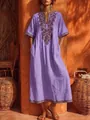 Detailed close-up of bohemian purple maxi dress with vintage floral embroidery pattern - S / Tops / Purple