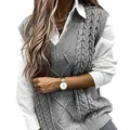Gilet in maglia grigia a trecce da donna con scollo a V profondo e vestibilità morbida - Grigio scuro