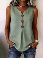 Detail of women's sleeveless cotton linen top in sage green with wooden buttons - S / Tops / Green