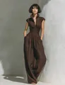 Full-body view of a brown sleeveless jumpsuit with V-neck and cinched waist design - XS / Top And Bottom / Coffee