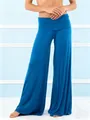 Detailed view of blue wide-leg yoga pants with a comfortable flared silhouette and soft drape. - XS / Bottoms / Blue