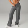 High-waisted wide-leg grey yoga pants for women shown in a full-length detail shot. - S / Bottoms / Heather Grey
