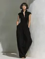 Elegant black sleeveless V-neck maxi dress with cinched waist and wide silhouette. - XS / Top And Bottom / Black