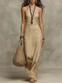 Detailansicht eines eleganten, beige Leinen-Look Neckholder-Maxikleids für Damen - S / Halter-Stil (Top und Unterteil) / Khaki