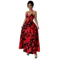 Elegant red and black floral print camisole maxi dress with waist cut-out for vacation - S / Top And Bottom / Red