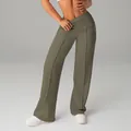 Detail view of olive green high-waisted wide-leg yoga pants with a fold-over waistband - Rock Brown