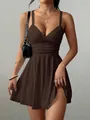 Sexy brown V-neck camisole mini dress for summer parties and elegant evening events - XS / Top And Bottom / Coffee
