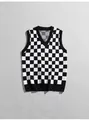 Stylish black and white checkered knit sweater vest with a classic V-neck design - Black & White Checkerboard