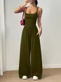 Detailed view of a chic olive green halter jumpsuit with a stylish wide-leg design. - Army Green