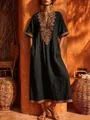 Elegant Bohemian retro black maxi dress with intricate gold V-neck floral embroidery - S / Tops / Black