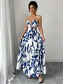 Elegant white and blue leaf print backless cami maxi dress with cut-out waist detail for summer - S / Top And Bottom / Blue