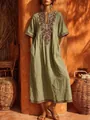 Bohemian sage green V-neck maxi dress featuring intricate vintage floral embroidery - Army Green