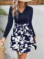 Elegant navy V-neck patchwork dress with floral print skirt and adjustable waist tie belt. - 1XL / Top And Bottom / Dark Blue Long Sleeve Set