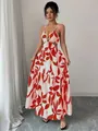 Elegant red floral print maxi dress with spaghetti straps and waist cutout for summer - Orange Red
