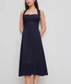 Élégante robe midi bleu marine à encolure carrée et sans manches de style français - Bleu Marine