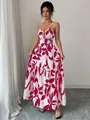 Elegant magenta floral print maxi dress with cut-out waist and spaghetti straps - Bright Pink