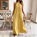 Elegantes hellgelbes Neckholder-Maxikleid mit plissiertem Ausschnitt für den Sommerurlaub - S / Oberteil Und Unterteil / Gelb