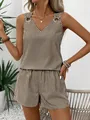 Striped sleeveless V-neck top and matching high-waisted shorts casual summer set - S / Top And Bottom / Dark Brown