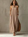 Full-body detail of a sleeveless maxi dress showing fabric texture and pockets - S / Tops / Khaki