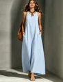 Elegant light blue sleeveless maxi dress with side pockets and a flowing silhouette. - Sky Blue
