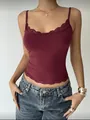 Elegant burgundy slim fit camisole with delicate lace trim detail for a stylish summer look - S / Tops / Burgundy