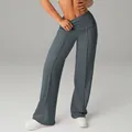 High-waisted gray wide-leg athletic yoga pants for women's outdoor running exercise - Grey Blue