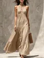 Bohemian beige halter maxi dress with V-neck and tiered cake skirt for summer vacation - S / Top And Bottom / Khaki